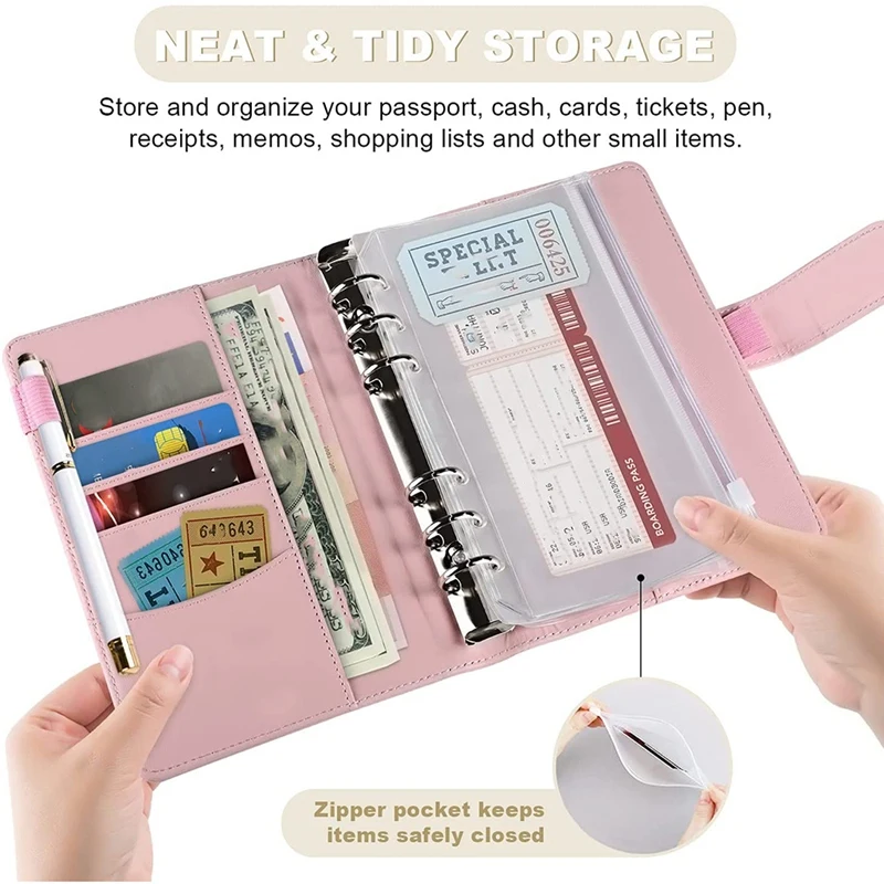 

14 Binder Pockets A6 with Leather Binder Sleeve, 6-Ring Budget Binder, with Cash Envelope, Money-Saving Binder