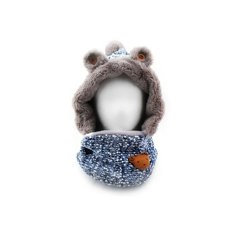 Детская шапка, шарф, костюм с рисунком медведя из мультфильма, капюшон, Теплый Глушитель для мальчиков, зимняя плотная флисовая шапка-шарф, ветрозащитная шапка