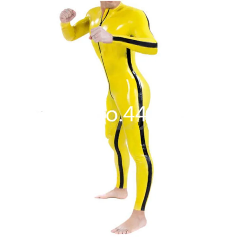 

Желтый латексный комбинезон ручной работы с молнией спереди и промежностью, резиновое боди, Мужская Клубная одежда, костюмы для косплея на ...