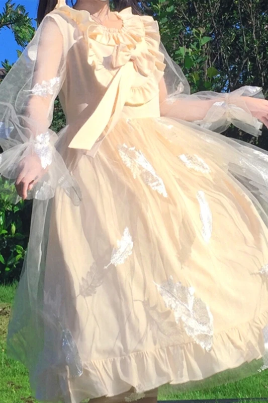 

Women Dress Lolita Sweet Net Gauze Long-sleeved Feather Bow Dress Summer Dresses Women Clothes Dresses Woman Party Night