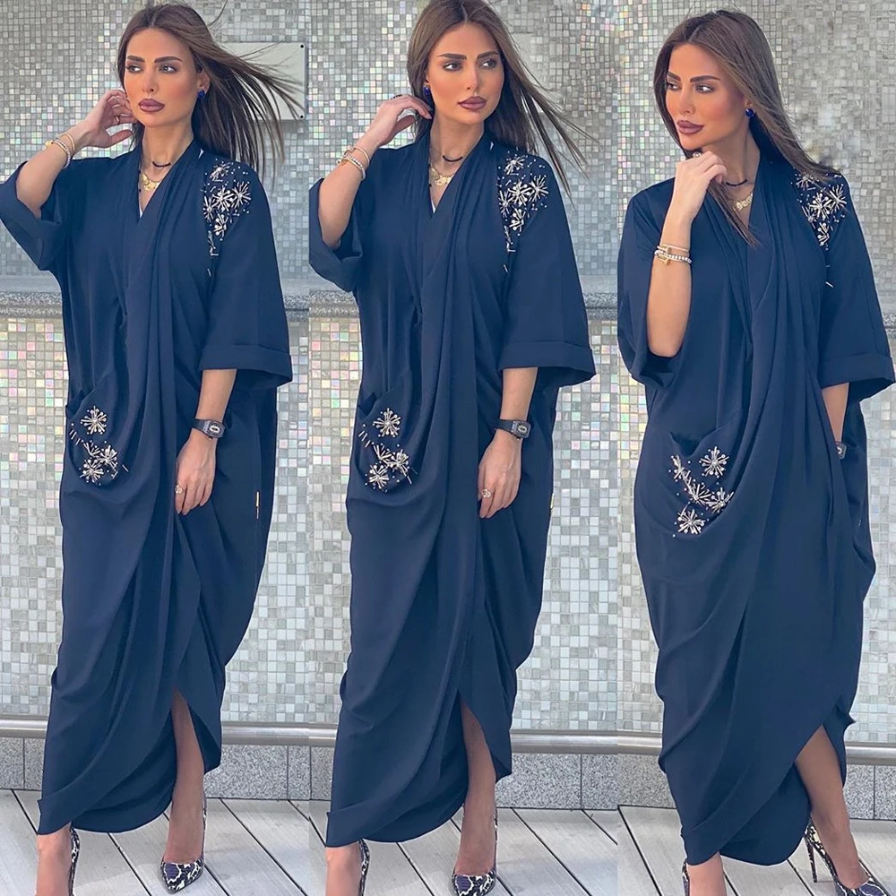 

Women Muslim Beaded Kaftan Open Abaya Kimono Cardigan Dubai Turkey Robe Islam Clothes Hijab Dress with Pockets American Modesty