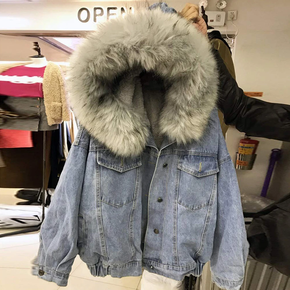 

With Pockets Fashion Winter Casual Button Down Elastic Hem Warm Faux Fur Hooded Women Coat Outwear Daily Denim Jacket Thick