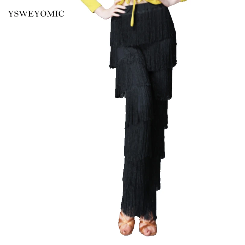 2021 Black Women Tassels Latin Pants Ballroom Cha Cha Samba Bachata Latin Salsa Dance Pants Dancewear For Ladies K10