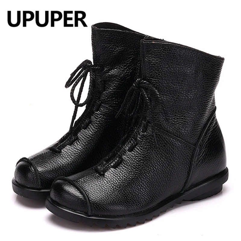 UPUPER Genuine Leather Women's Shoes Handmade Moccasins Shoes Women Booties High Quality Winter Shoes Warm Leather Ankle Boots