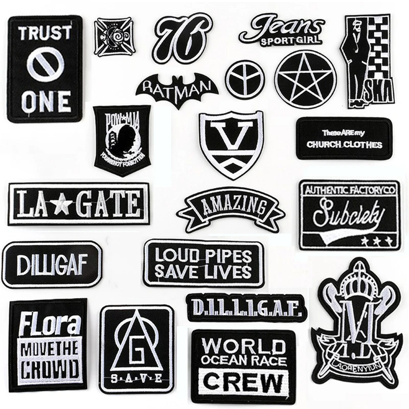 

Black White English Alphabet Embroidery Patches for Clothing DIY Stripes Written Words Sticker Clothes Letters Iron on Badges G