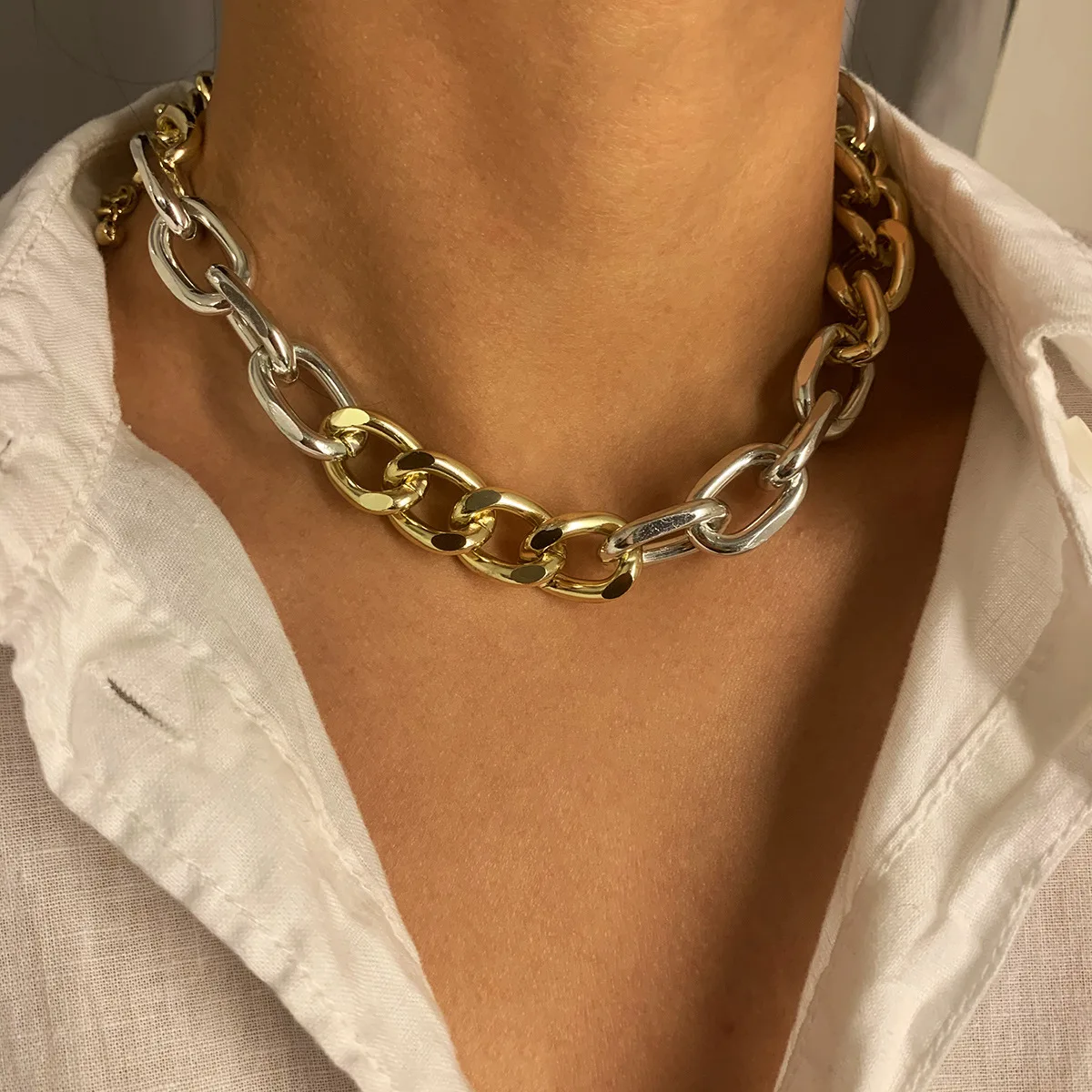 

Fashion Punk Gold Mix Color Geometric Short Choker Link Chains Clavicle Necklace for Women Female Hip Hop Jewelry