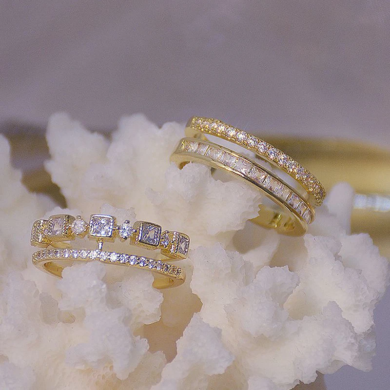 

Luxury 14K Real Gold Double Layer Pave Inlaid CZ Open Ring for Women Adjustable Iced Out Cubic Zirconia Brilliant Rings Bijoux