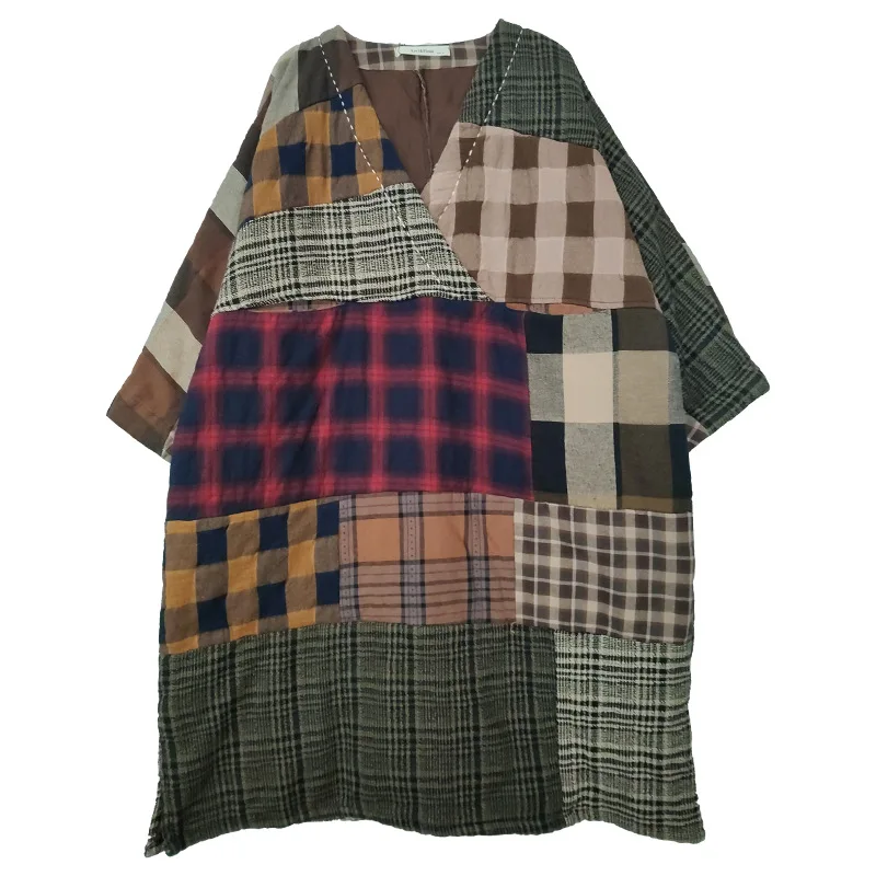 

Fashionable National Style Color Matching Plaid Cotton Medium and Long Wide-waisted Jacket Women