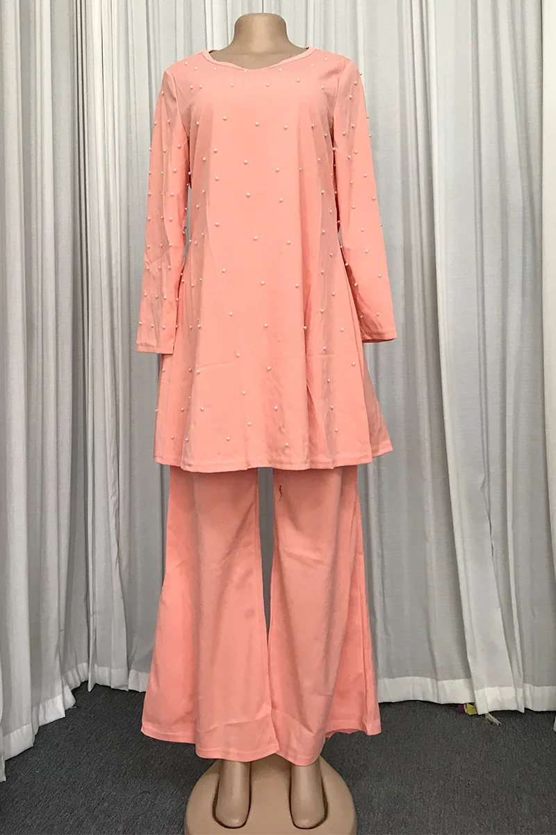 

2021 Two Piece Set Africa Clothes African New Dashiki Fashion Solid Bead Suit Top Trousers Super Elastic Party For Women Outfits