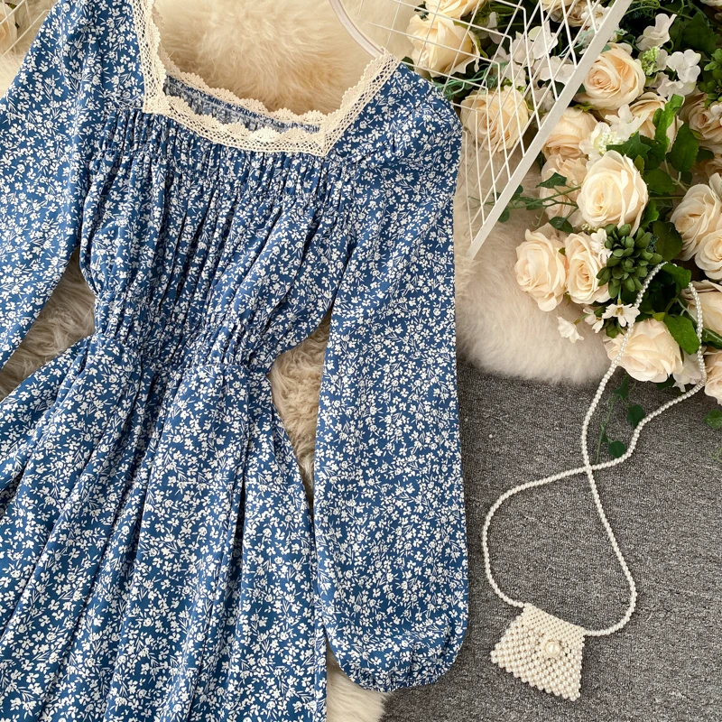 

French romance lace splice square collar long sleeve vintage dress women floral print ruched high waist slim autumn midi dress
