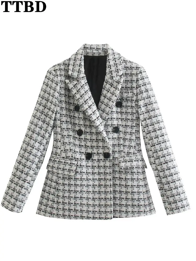 

TTBD Women Tweel blazer Fashion elegant slim suit jacket Women's lapel collar long sleeve blazer Chic double-breasted blazer