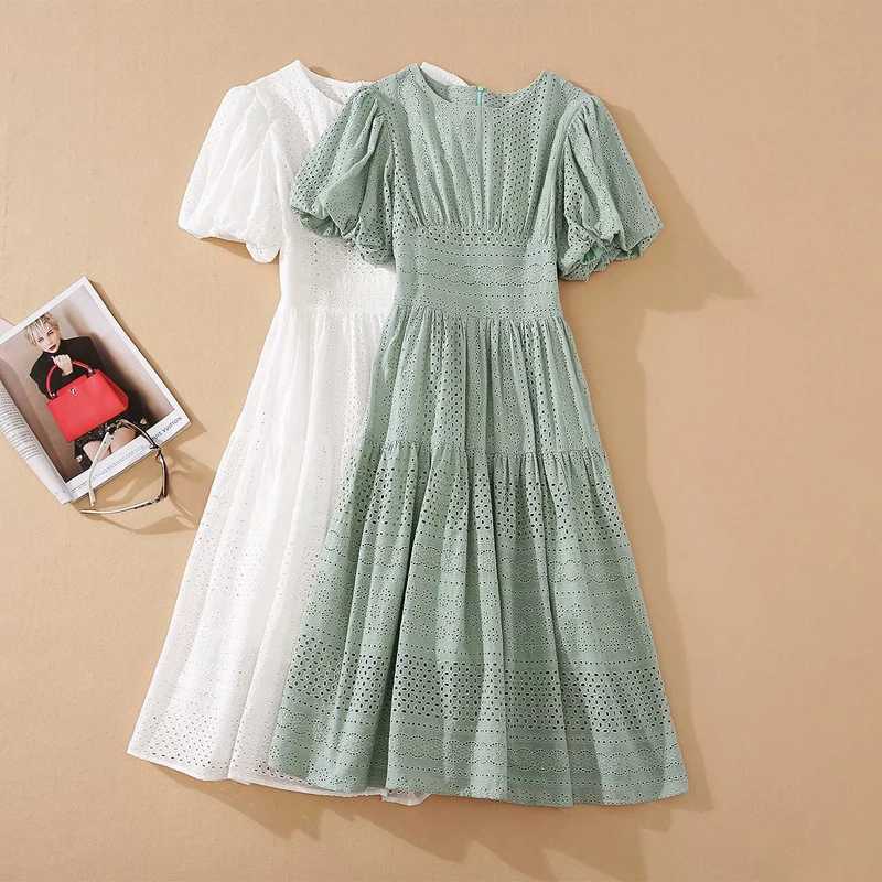 

Summer New Style Sexy Hollow Embroidery Flowers Short Sleeve Round Neck Slim Temperament Mid-Length Dress High Quality