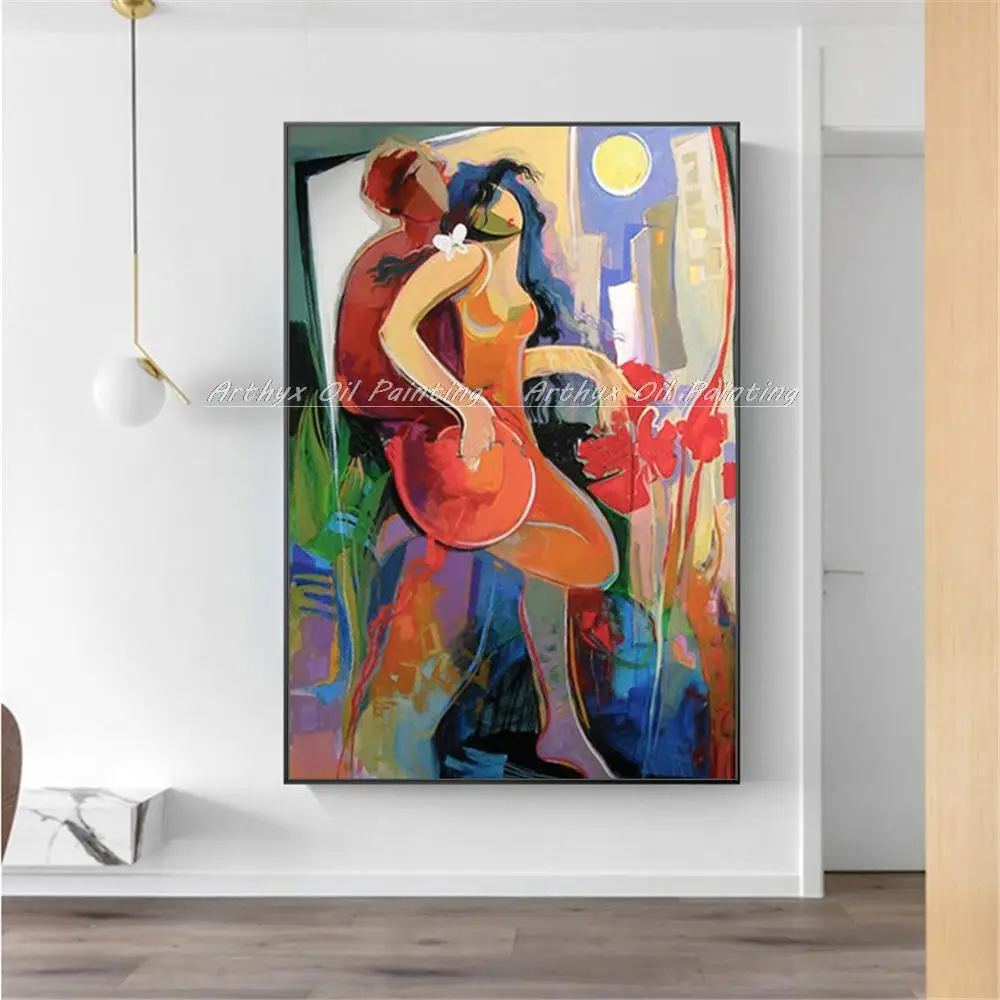 Arthyx-figura de parejas abstractas pintadas a mano, pintura al &oacute;leo sobre lienzo, arte de pared moderno, imagen de ni&ntilde;a para decoraci&oacute;n del hogar y sala de estar-1