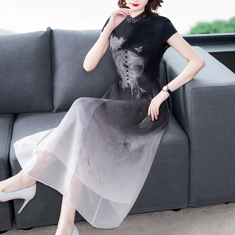 Женское платье в китайском стиле длинное летнее с коротким рукавом улучшенное
