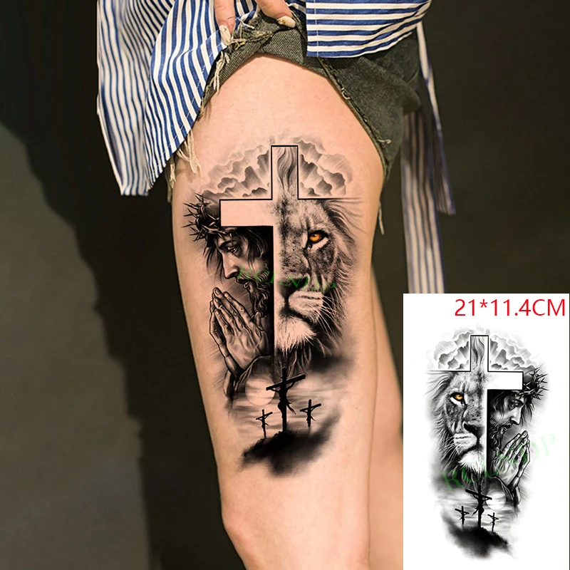 

Waterproof Temporary Tattoo Stickers Praying Hand Cross Lion Animal Head Fake Tatto Flash Tatoo Body Art for Women Men