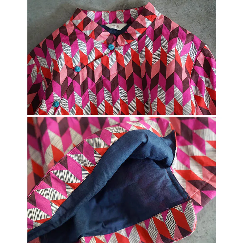 

SCUWLINEN 2020 Women Winter Thick Loose Vintage Stand Collar Geometric Print Three Quarter Sleeve Cotton-padded Short Tops P158