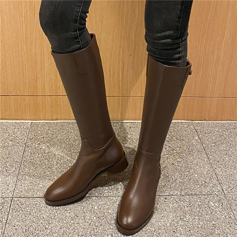 

VERCONAS Classic Basic Women Knee-High Boots Fashion Concise Low Heels Shoes Woman 2021 Genuine Leather Long Boots Autumn Winter