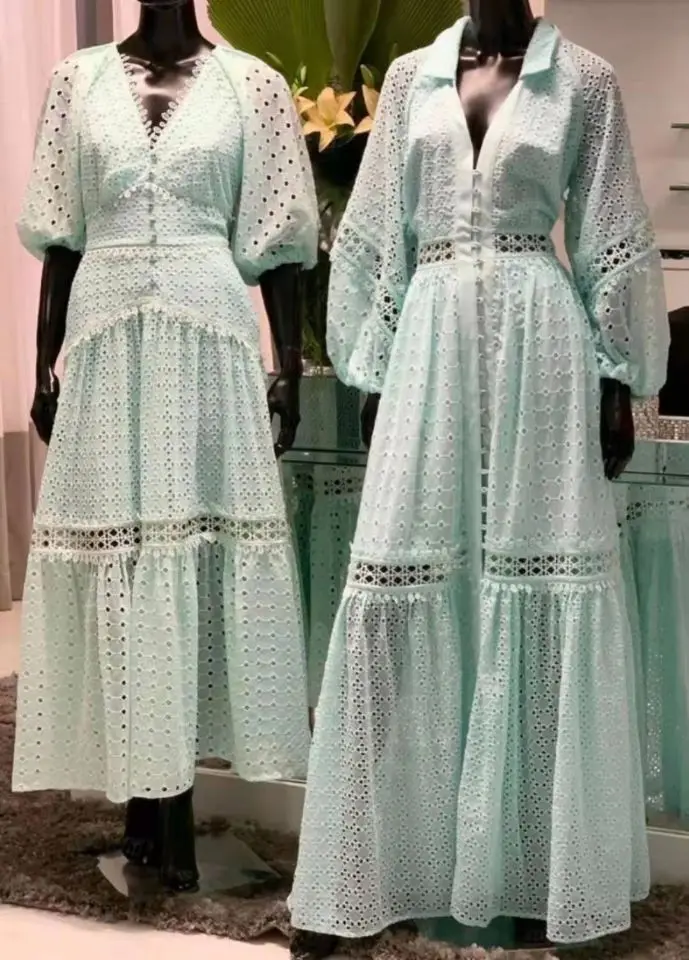 

DEAT 2021 new summer fashion women clothes turn-down collar lantern sleeves high waist single breasted sexy long lace dress WR36