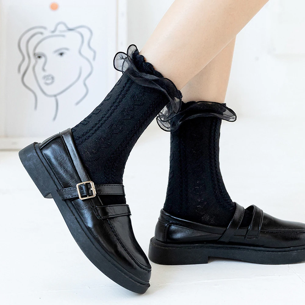

Vintage Style Japanese Maiden Lovely Woman Lace Mesh Short Socks black white Cotton Socking High Quality Ruffle Frilly Socks
