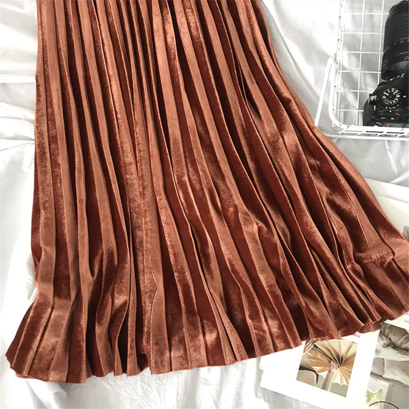 

Gold Velvet High Waist Skirt Women With Belt Fashion Vintage Loose Pleated Skirt Female Party Maxi Long Skirt Femme Jupes C6976