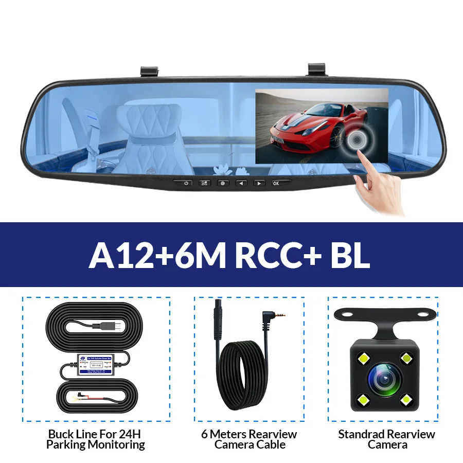 E-ACE Full HD 1080P Автомобильный видеорегистратор Камера авто 4,3 дюймов Сенсорное зеркало заднего вида цифровой видеорегистратор двойной объектив регистрационная камера - Название цвета: A12-6M RCC-BL