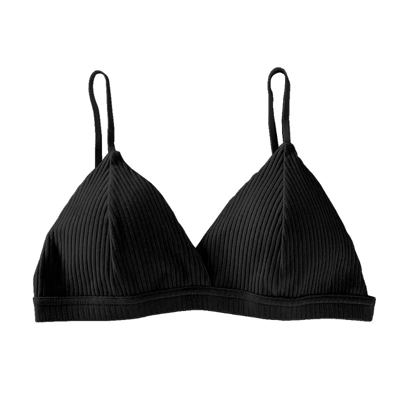 Women Girls Sexy V-Neck Triangle Bra Thread Ribbed Cotton Wireless Bralette Seamless Solid Color Spaghetti Straps Brassiere 4