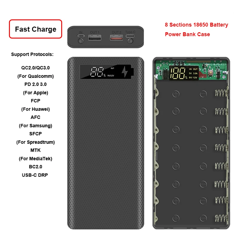 

Чехол для внешнего аккумулятора 8x18650, с ЖК-дисплеем, QC3.0