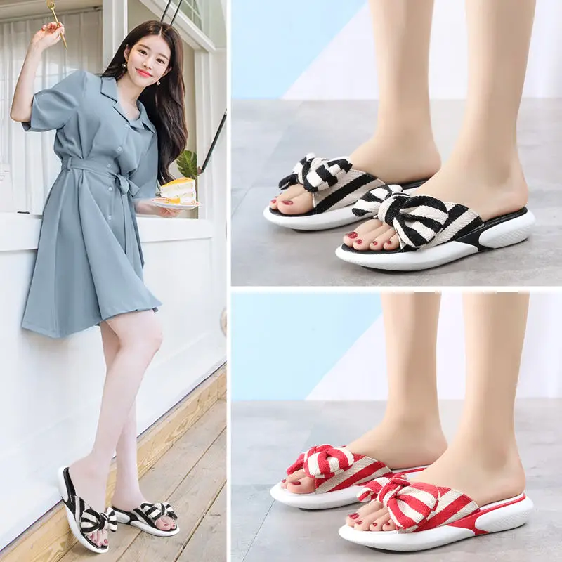 

Bow Slippers Summer 2021 Fashion FLower White Slides Korean Style Women Flat Ladies Platform Flip Flop Non-Leather Casual Sandal