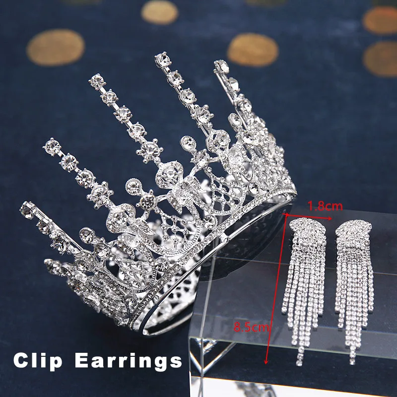SilverCrown Ear Clip Свадебные комплекты ювелирных изделий барокко круглый набор с тиарой полный круг Корона Ожерелье Серьги Королева Принцесса пышный день рождения корона ребенок - Окраска металла: SilverCrown Ear Clip