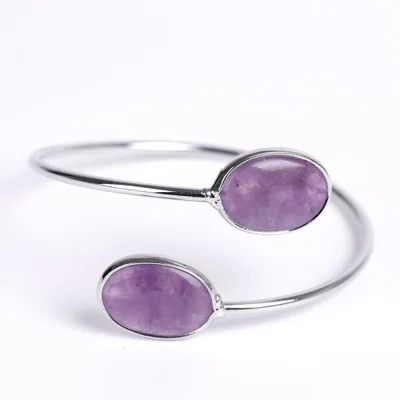 

Hot Selling Natural Stone Inlay Oval Fram Adjustable Open Cuff Crystal Stone Bangle Bracelets