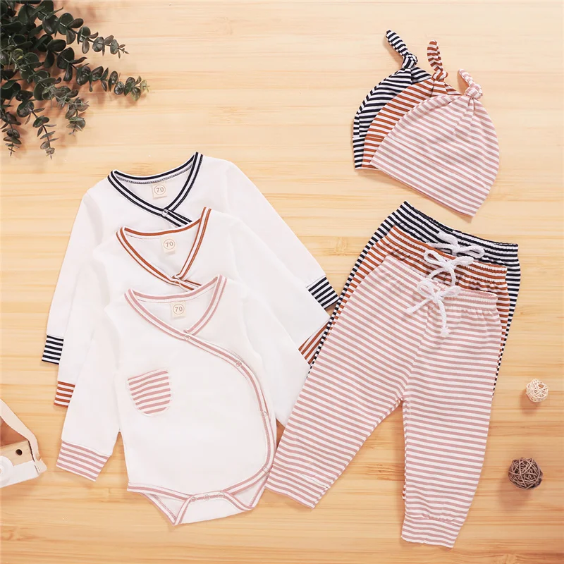

3 Colors Newborn Boy and Girl Stripedclothes Set 3pcs Baby Warm Clothing Long Sleeve Romper Top Long Pants Hat Suits Tracksuit