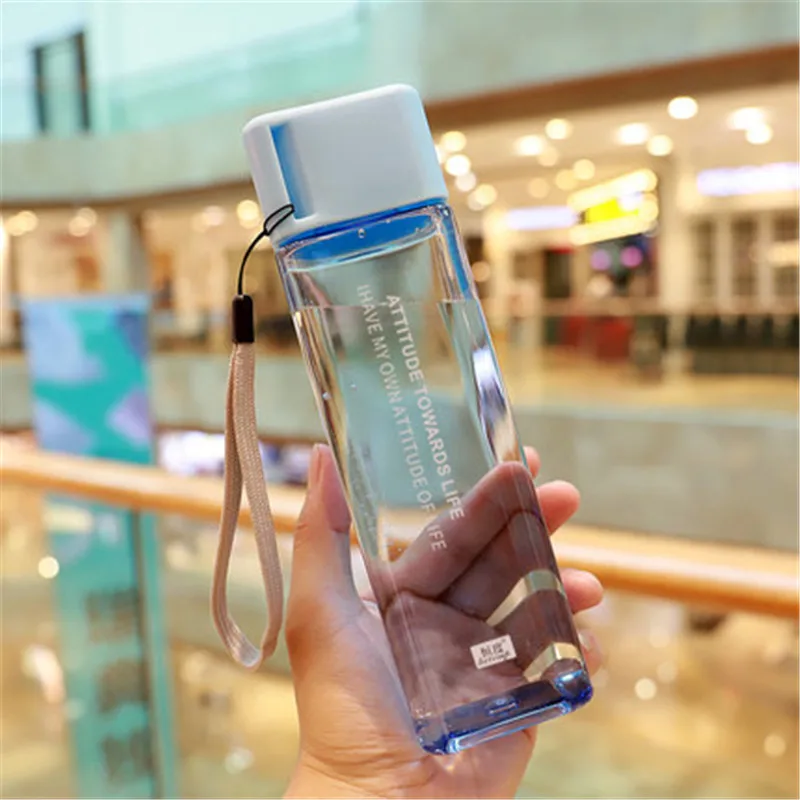 transparent blue 450 мл пластиковая бутылка для воды, портативная Квадратная бутылка для фруктового сока, Герметичная Бутылка для спорта на открытом воздухе, Путешествий, Походов, Кемпинга - Цвет: transparent blue