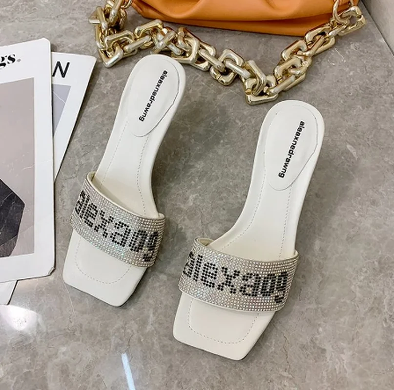 

Sandals Women 2021 Summer New Style Stiletto Outer Wear Rhinestone Letters Sandals and Slippers Open Toe High Heels Women Heels