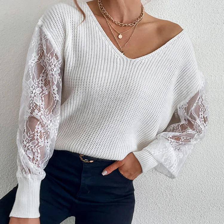 

White Lace Patchwork Winter Sweater Women V Neck Long Sleeve Solid Pullover Office Lady Loose Lazy Harajuku Sweaters