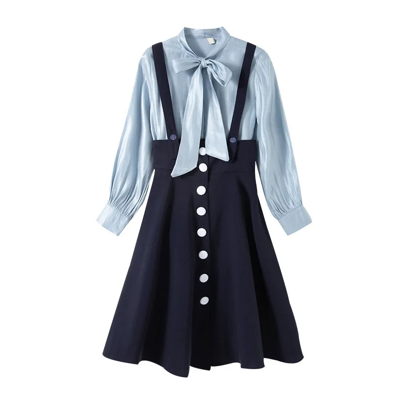 Женская Однотонная рубашка с рукавами-фонариками бантом и кисточками юбка на