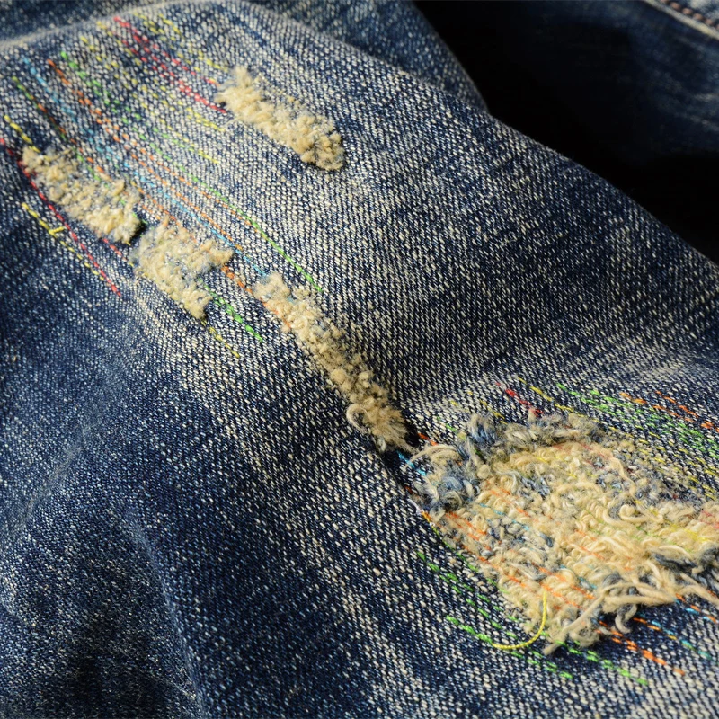 European Vintage Fashion Men Jeans Elastic Slim Fit Destroyed Ripped Jeans Men Retro Blue Embroidery Designer Cotton Denim Pants