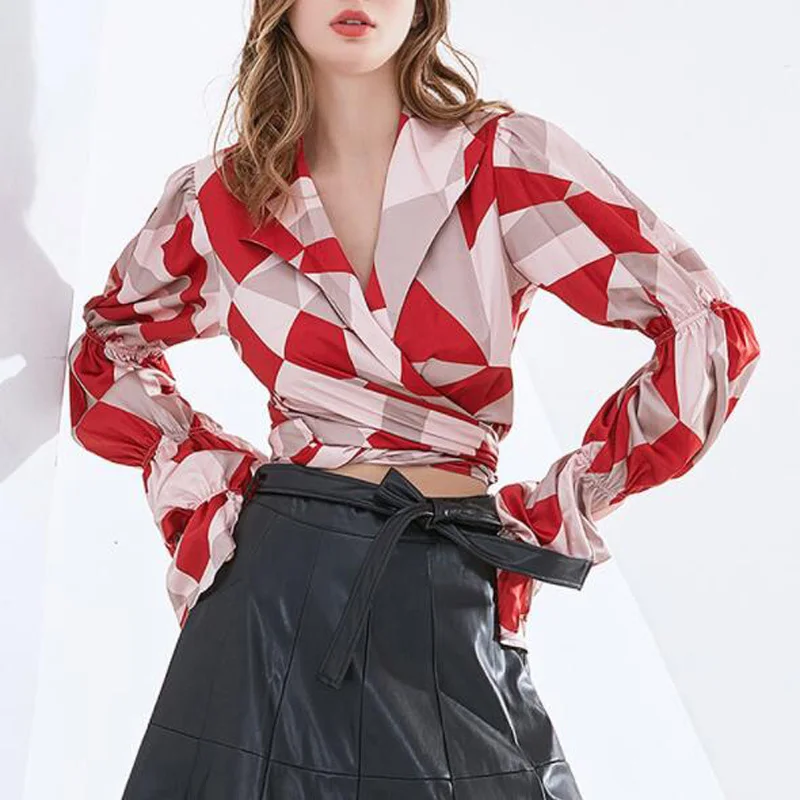 

Cultiseed Women European Turn Down Collar Print Lacing Up Bandage Satin Shirts Tops Clothes Female New Vintage Party Blouses