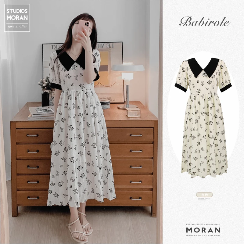 

French Retro Tea Break Floral Skirt 2021 Summer New Preppy Style Doll Collar Gentle Dress Temperament Mid-Length