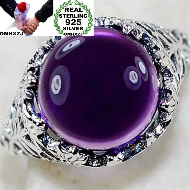 

OMHXZJ Wholesale European Fashion Woman Man Party Wedding Gift Round Purple Amethyst Taiyin 925 Sterling Silver Ring RR149