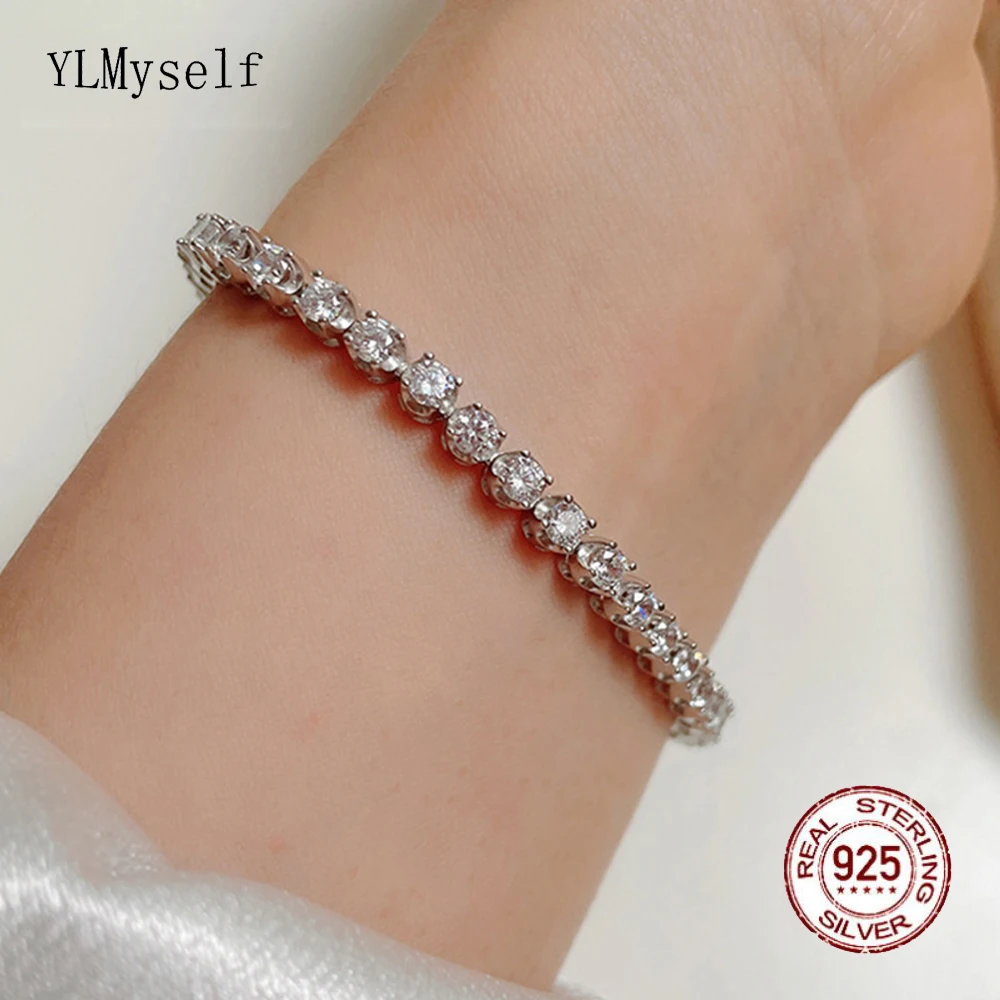 Теннисный браслет из настоящего серебра 925 пробы 15-18 см с блестящим цирконом 3 мм -