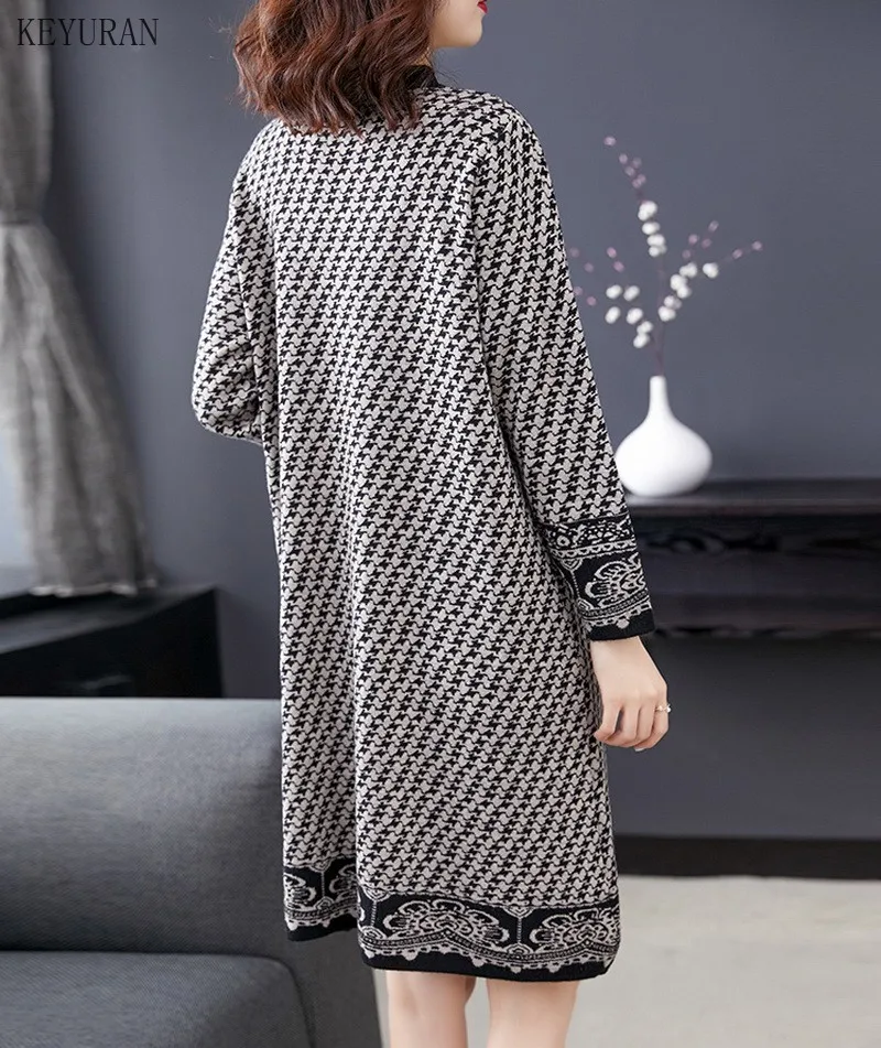 

Women's Autumn Winter Long Sweater Dress 2021 New Jacquard Round Neck Long Sleeve Loose Pullovers Knit Dresses Female Vestidos