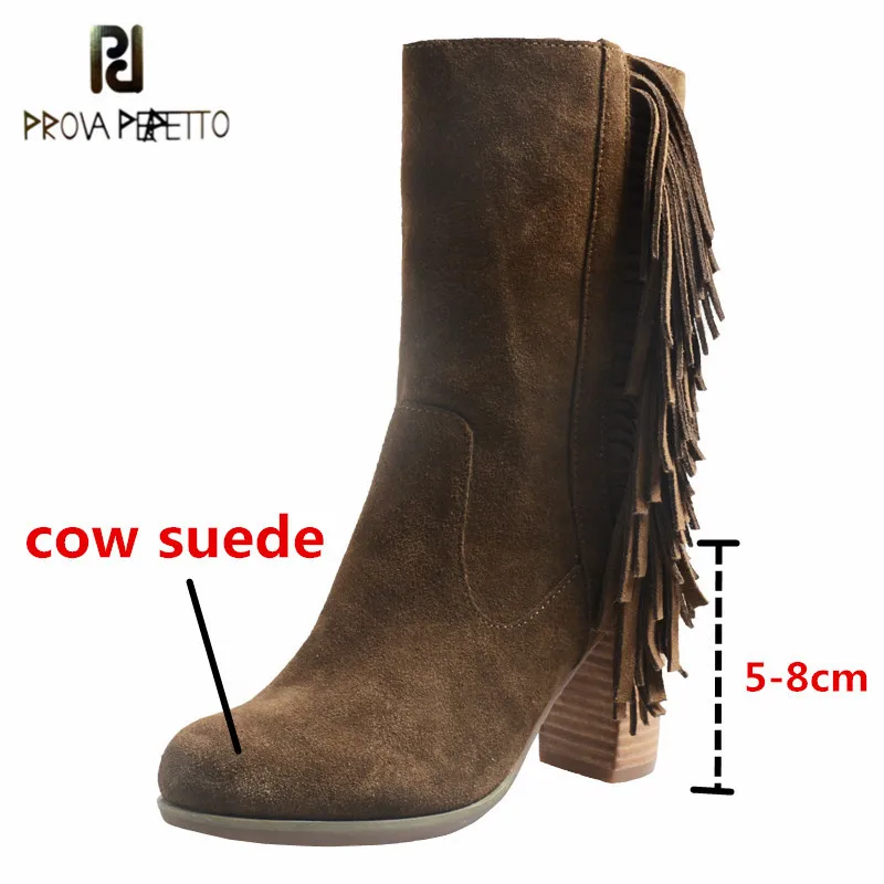 

Prova Perfetto 2021 High Quality Women's Autumn And Winter Mid-calf Boots Cow Suede Solid Color Slip-on High Heels Fringe Boots