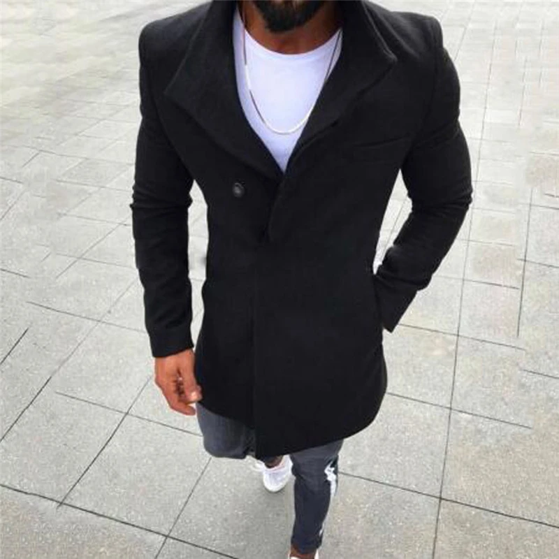 Fashion Video Mens Wool Jacket Button Solid Long Sleeved Windbreaker Woolen Coat Fall Winter Overcoat Men Thin Trench Coats | Мужская