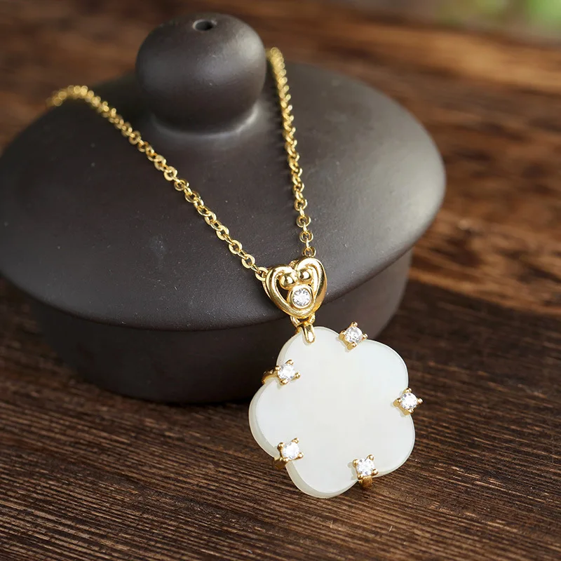 

Elegant Classic S925 Pure Silver Inlaid Gold-Plated Hetian Jade White Jade Plum Blossom Pendant Jade Pendant Necklace Set Chain