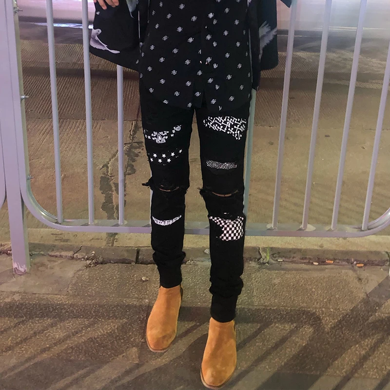 

New men's male Street Tide Brand Summer Holes patch Jeans Black Ripped Pants Personality Slim Pants trousers