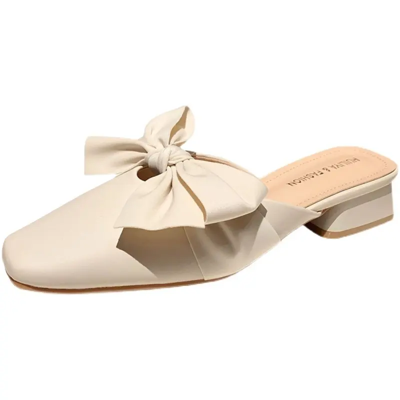 

2021 Spring and Summer New Bow High Heel Sandals Baotou Thick Heel Half Slippers Female Fashion Simple Women's Shoes