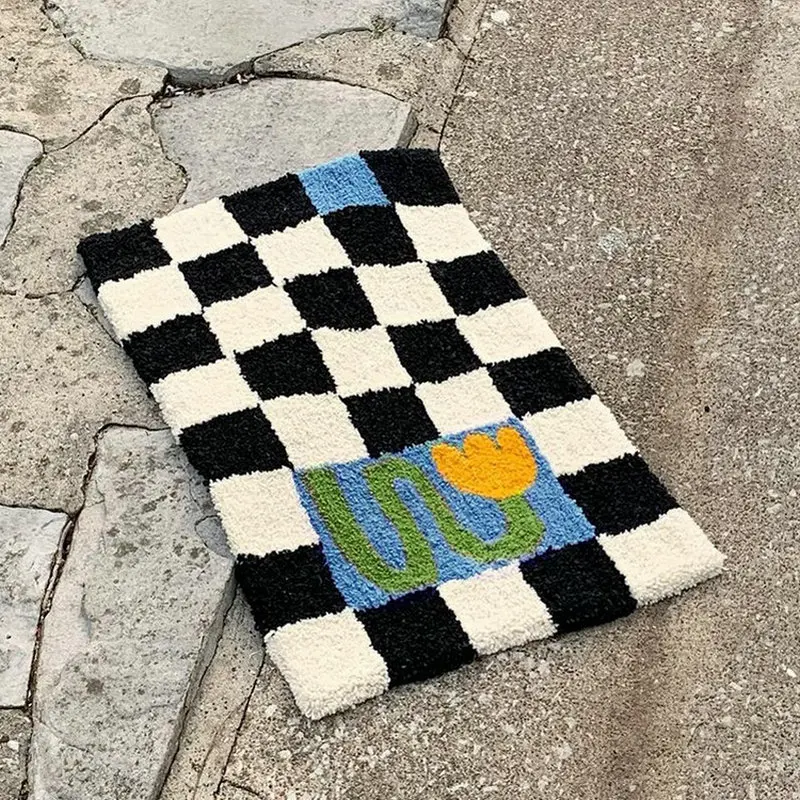 

Bedside Carpet Home Decor Floor Mat Anti Slip Pad Retro Chessboard Plaid Bath Mats Fluffy Grids Bathmat Soft Floral Bathroom Rug