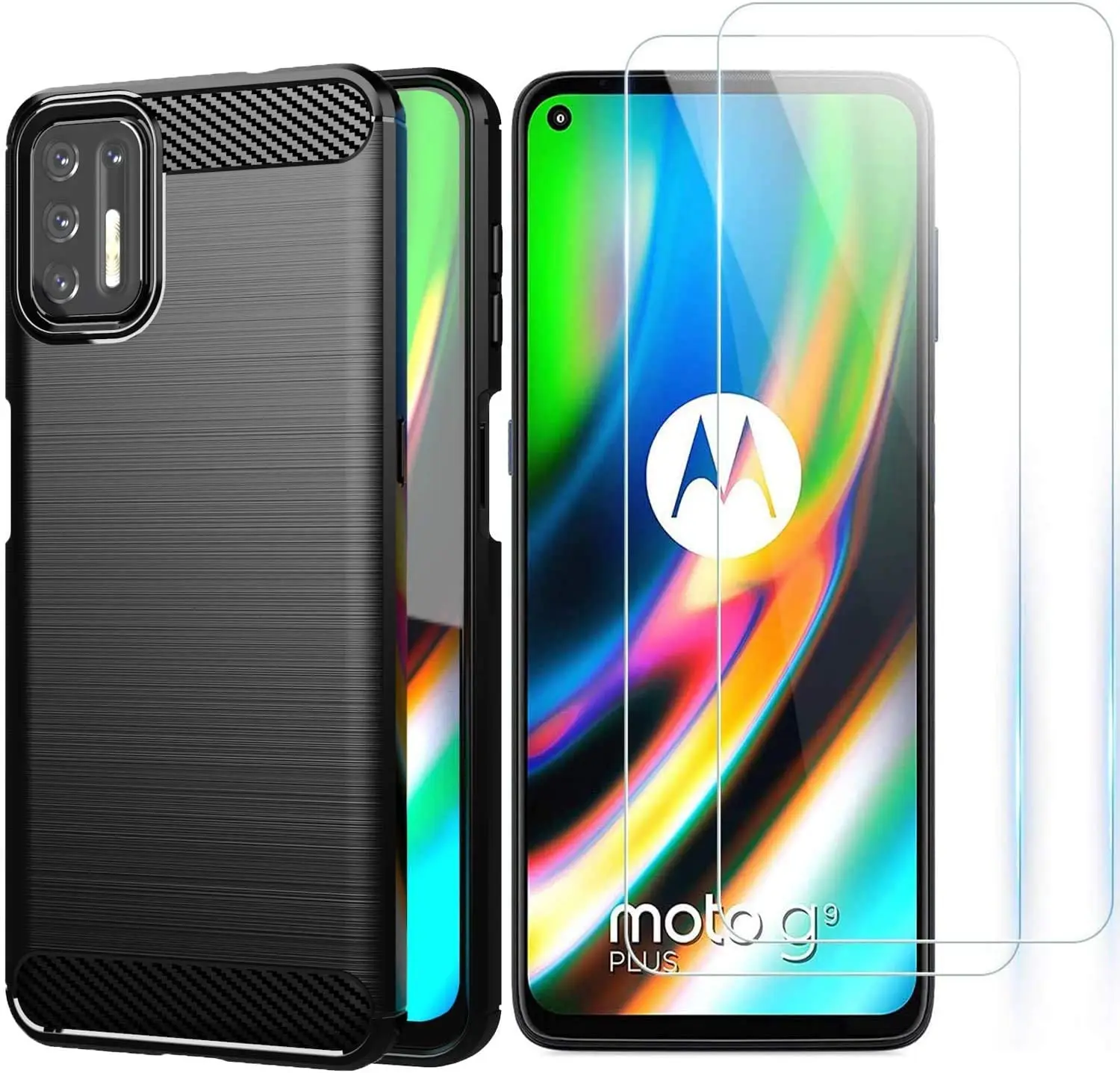 

Motorola Moto G9 Plus Case Screen Protector for Soft Slim Flex TPU Silicone Case + 9H glass for Moto G9 Plus Cover (Brushed TPU)