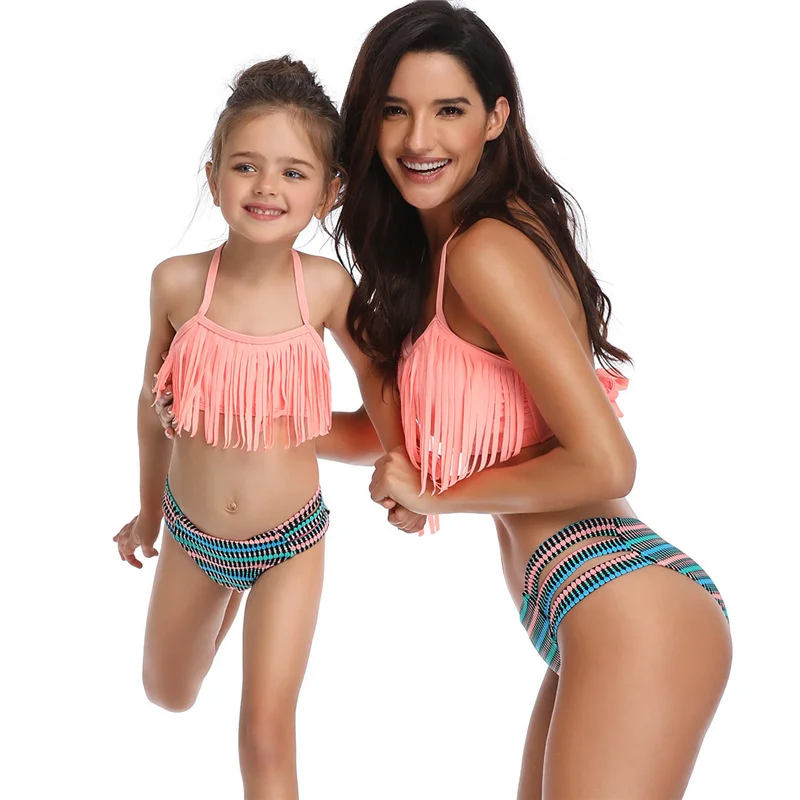 

Parent-Child Swimwear Tassel Split Bikini High Wasit Stripe Flower Printed Swimsuit Mother Daughter Clothing unisex