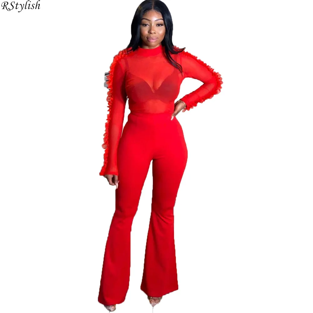 

Соблазнительный прозрачный сетчатый комплект из двух предметов, Женский однотонный топ с длинным рукавом и оборками, расклешенные брюки, о...